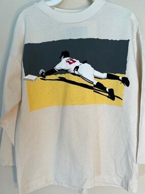 Vintage White Long Sleeve Kids Tee with Baseball Player Graphic